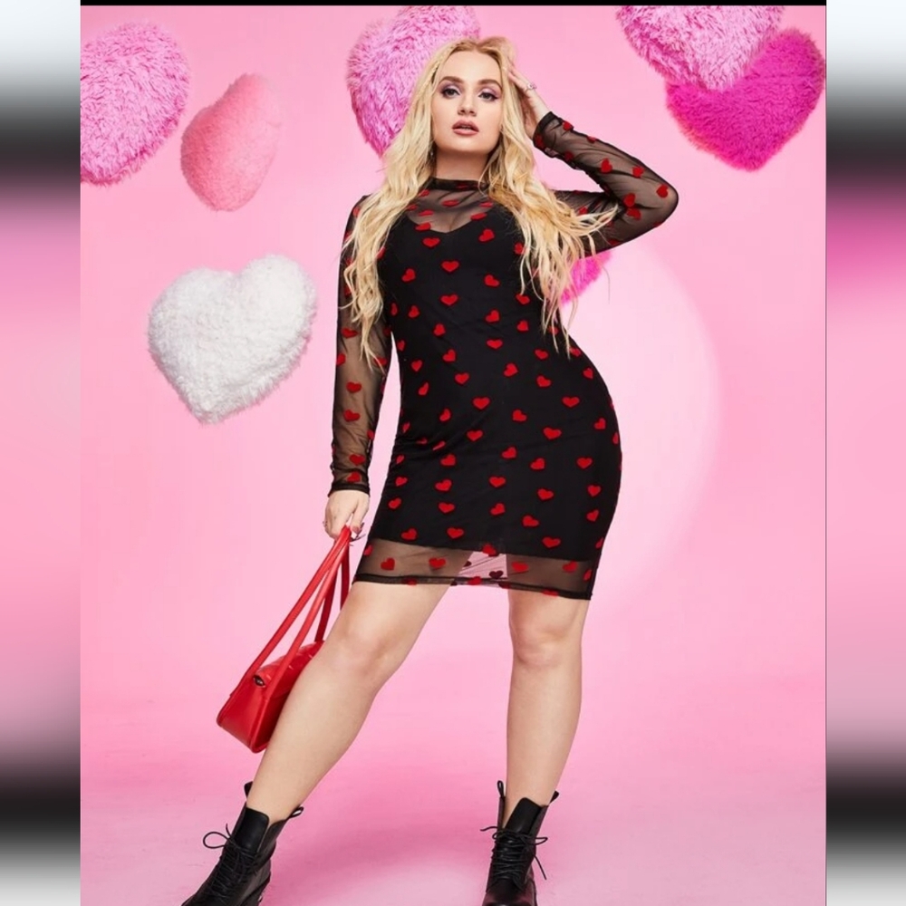 SHEIN Black and Red Long Sleeve Red Heart Sheer Bodycon Dress